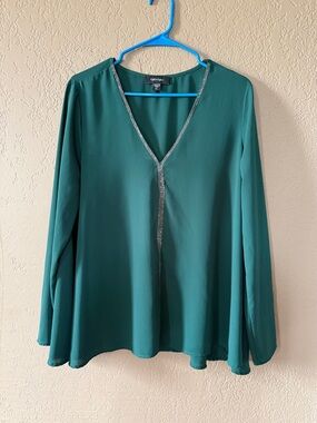 Karen Kane Teal V-Neck Long Sleeve Tunic with Metallic Trim
